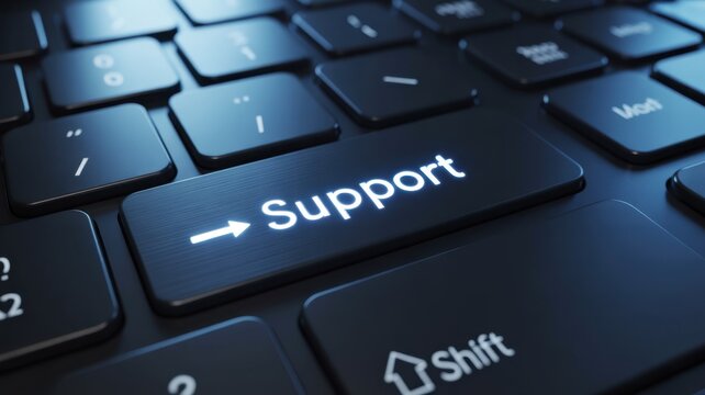 Support Key: A close-up view highlights the Support key on a keyboard, symbolizing the essential role of technology in providing solutions and assistance.