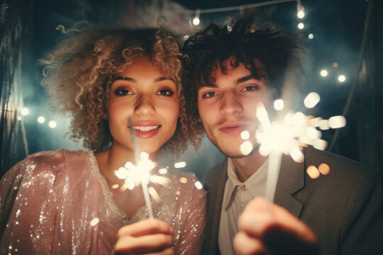 Joyful young couple holding sparklers at a festive night party, celebrating holidays or a special occasion with warm lights