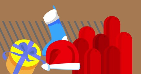 Christmas stocking, Gift Box and Santa Claus Hat geometrical graphic retro Christmas theme background video. Minimal geometric elements animation. Vintage abstract shapes illustration for advertising. - Powered by Adobe