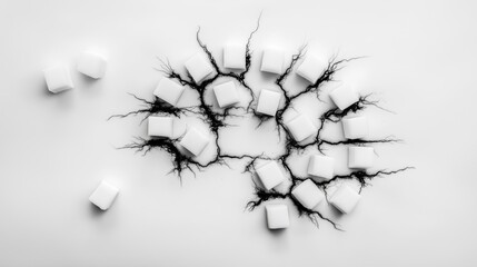 Cracked sugar brain. A brain-shaped arrangement of sugar cubes fractured by spreading black cracks, health risks, metabolic stress, cognitive decline, and the hidden danger of excessive sugar.