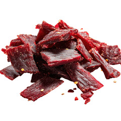 Pile of seasoned, dried meat strips, dark red, slightly shiny
