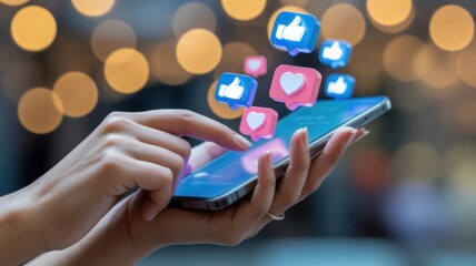 Social Media Engagement: A close-up shot of a hand interacting with a smartphone, with social media icons of likes, hearts, and comments floating above, symbolizing connection.