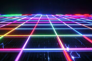 A vibrant, glowing grid of neon lines stretches into the distance on a dark background