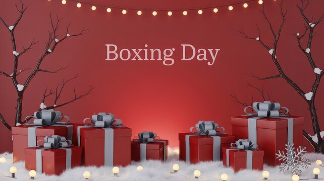 Festive Boxing Day Celebration with Red Gifts and Snowy Winter Decor, a Wonderful Holiday Season Backdrop for Sales and Marketing Campaigns