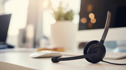 Digital Support Center: An array of communication tools rests on a bright desk, evoking a sense of modern customer support in a corporate environment. The ambiance is one of efficiency and assistance.