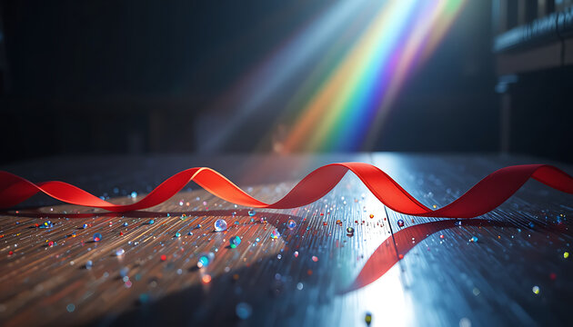 A vibrant red ribbon twists and turns across a wet reflective surface illuminated by a dramatic beam of light creating a rainbow spectrum effect