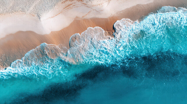 pristine beach shoreline aerial view with white sand and water edge