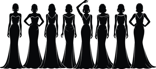 Elegant Fashion Models Posing in Long Evening Gowns Vector Silhouette Collection Isolated on White Background