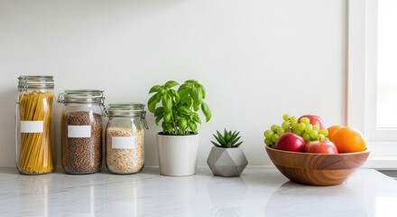 Kitchen counter with organized pantry jars and fresh fruit