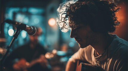 Musician Performing in a Cozy Studio Setting with Soft Lighting and Intimate Atmosphere