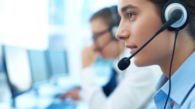 Focused Support: An attentive customer service representative, headset in place, deeply engaged in providing assistance, epitomizing dedication to client care.