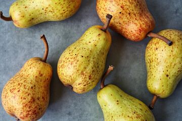 Ripe juicy pears on grey table, flat lay. Space for text. 3d rendering.