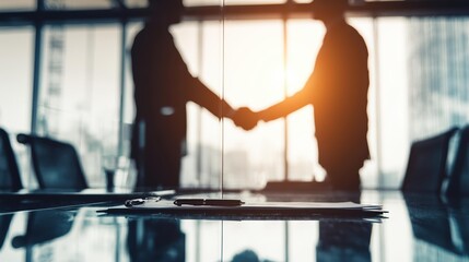 Business executives shaking hands in a modern conference room with a bright sunset backdrop, symbolizing partnership and success.