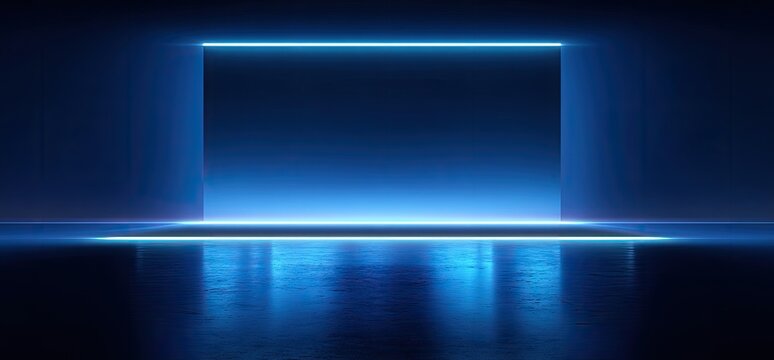 Glowing blue neon rectangular frame in a dark, reflective room background - Powered by Adobe