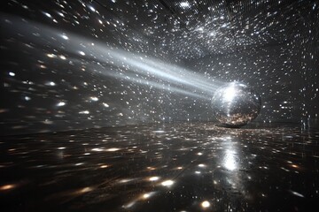 Sparkling mirrored sphere reflecting light in a dark room with starry effects
