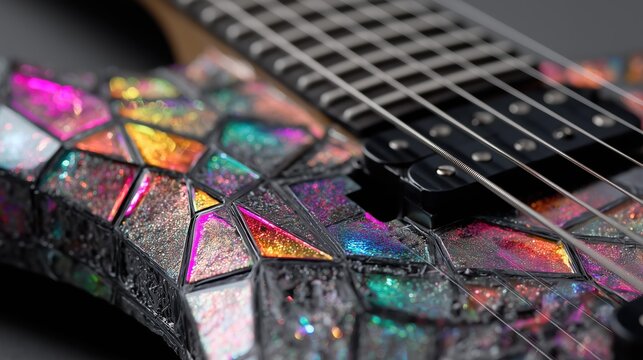 Colorful Mosaic Electric Guitar Close-Up with Shimmering Details and Artistic Design