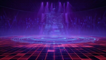 Futuristic digital arena with glowing concentric circles, grid floor, purple spotlights