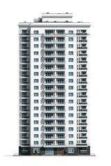 Tall white building with balconies and gray windows