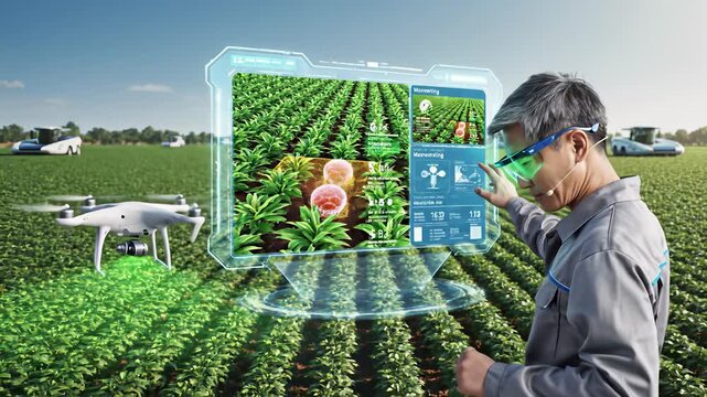 A farmer utilizes precision farming technology, holding a tablet displaying a map of his land while standing amidst lush green crops, with a tractor nearby and another figure off in the distance.