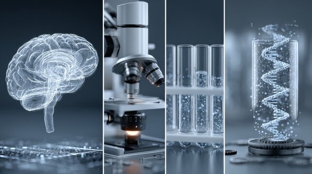 Futuristic 3D lab with holographic brain, microscope, test tubes, DNA helix and digital science elements on blue background, high-resolution medical research concept - Powered by Adobe