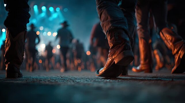 Live country music festival with cowboys in boots concept. Cowboy boots on a lively dance floor at a country music event.
