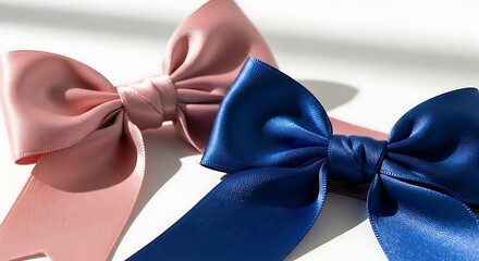 Two Satin Bows, One Pink and One Blue, Close Up Studio Shot.