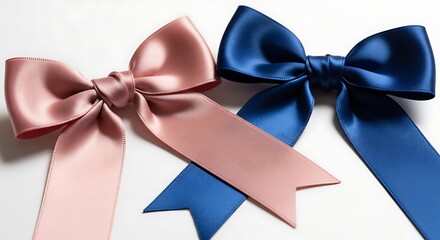 Two Satin Bows, One Pink and One Blue, on a White Background.