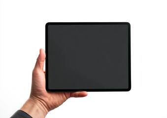 Hand holding a dark tablet computer horizontally Keywords: hand, holding, tablet, computer