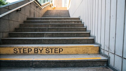 Modern concrete staircase with motivational phrase "Step by Step" written on the edge, urban architecture in perspective view