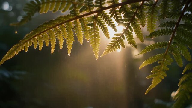 Sunlight filtering through lush green fern leaves in a serene forest setting, creating a beautiful natural glow.