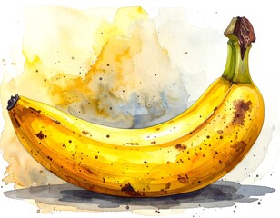 Watercolor illustration of a ripe banana, speckled skin, with background washes