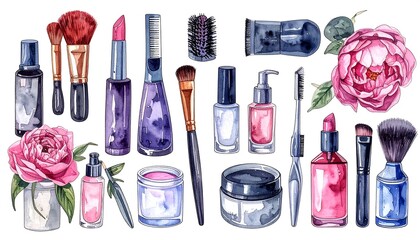 Watercolor illustration of beauty items