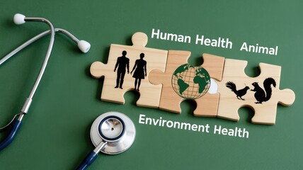 Promoting global health awareness with puzzle pieces showing people, earth, and animals alongside a stethoscope on a green background