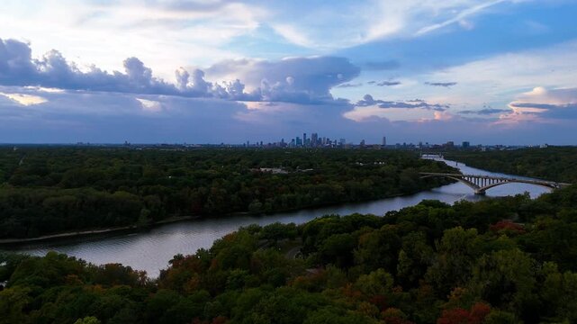 Minneapolis Minnesota Mississippi River Fall drone shot