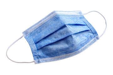 Blue surgical face mask, white ear loops, folded fabric