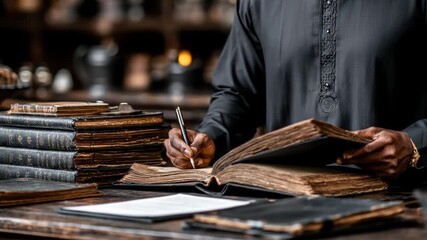 Person writing in antique book with many other books on a table - Powered by Adobe