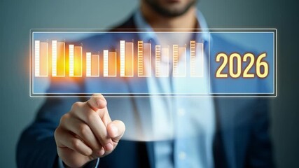A business professional in a suit interacts with a virtual interface showing bar charts and the number 2026, symbolizing future business growth, financial forecasts, and strategic planning. - Powered by Adobe