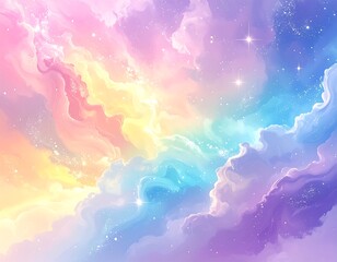 Whimsical painted sky with pastel clouds, stars, and rainbow hues