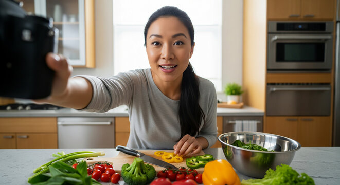 Woman Recording Healthy Food Preparation in a Modern Home Kitchen