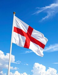 White flag with red cross against a vibrant blue sky, waving gently