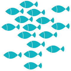 Group Of Teal Fish Swimming Together In A Schooling Formation Underwater With A White Background And Outline Details