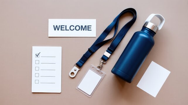 Welcome to the team showing checklist, lanyard, and water bottle, ideal for onboarding materials and creating a positive first impression in the workplace