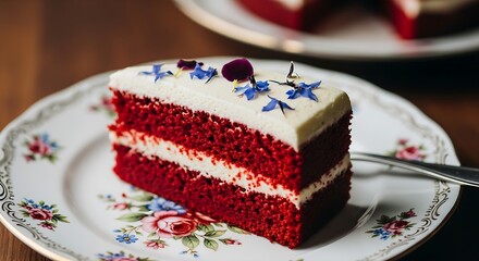 Delicious Slice of Red Velvet Cake with Cream Cheese Frosting and Edible Flowers.