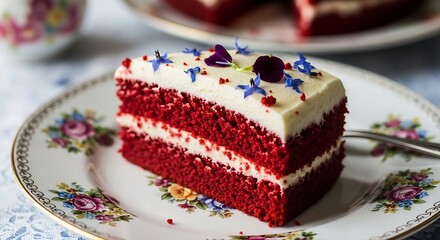 Delicious Slice of Red Velvet Cake with Cream Cheese Frosting and Edible Flowers on a Plate