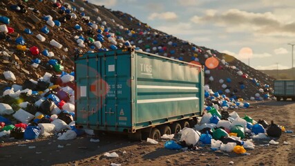 A blue container surrounded by colorful garbage bags on a landfill under a clear sky - Powered by Adobe