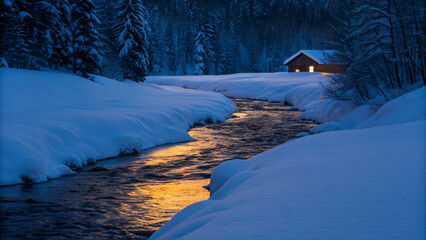Winter landscape with snow covered river flowing towards cozy cabin in forest at twilight creating a serene picturesque scene