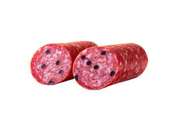 Sliced salami, speckled with fat and pepper