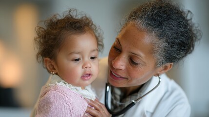 Compassionate pediatric care doctor with young patient in clinic environment close-up view