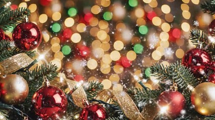 Festive Christmas or New Year background with decorated fir tree branches, shiny red and gold baubles, and glowing bokeh lights