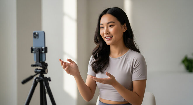 Smiling Asian Woman Recording Video Content with Smartphone on Tripod at Home